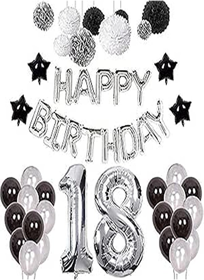 Adult Party Decoration 18th Birthday Decorations, Happy 18 Birthday Banner Number 18 Foil Ballon Party Decor Set Black White Silver with Tissue Paper Balls for Women and Men 