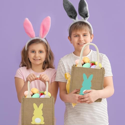 SilTriangle 6 Pcs Easter Burlap Basket Bags Easter Jute Bunny Gifts Bag with Handle for Candy Egg Hunting 79 x 79 x 43 InchBunny - Image 3