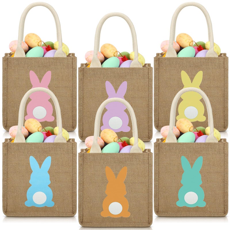 SilTriangle 6 Pcs Easter Burlap Basket Bags Easter Jute Bunny Gifts Bag with Handle for Candy Egg Hunting 79 x 79 x 43 InchBunny - Image 2