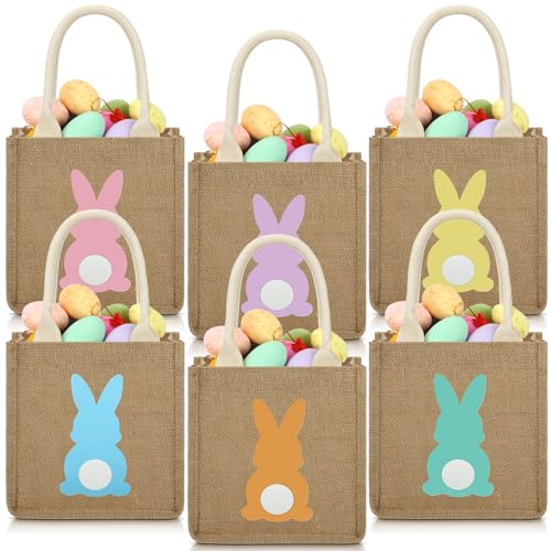 SilTriangle 6 Pcs Easter Burlap Basket Bags Easter Jute Bunny Gifts Bag with Handle for Candy Egg Hunting 79 x 79 x 43 InchBunny - Image 1
