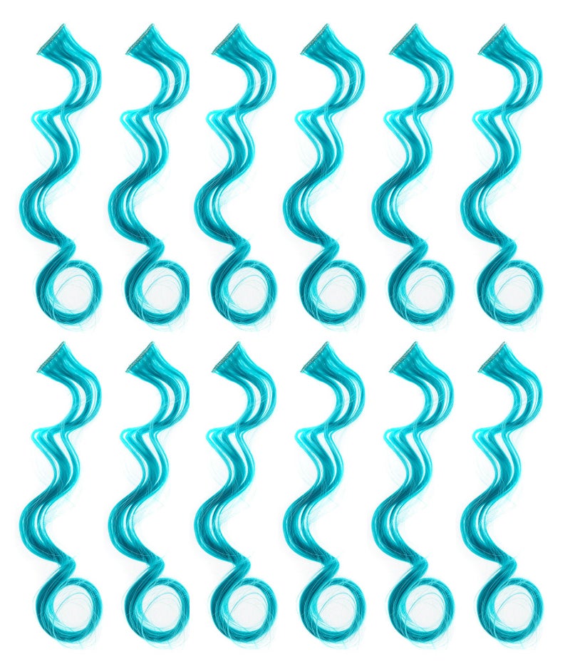 SWACC 12 Pcs Curly Wavy One Color Party Highlights Clip on in Hair Extensions Colored Hair Streak Synthetic Hairpieces Teal Blue