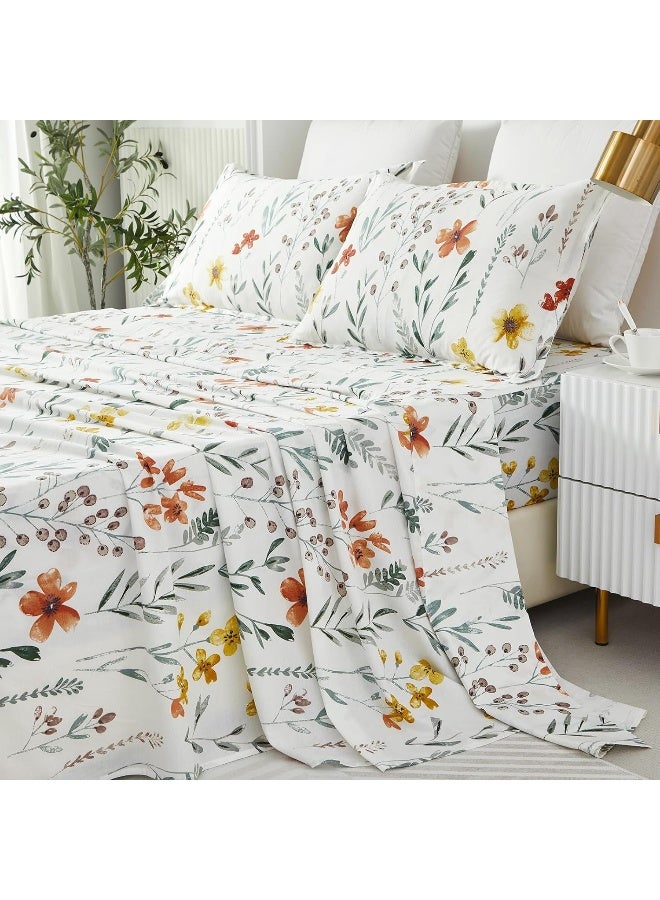 Helthep Floral Sheet Set Queen, 100% Cotton Green Leaves Printed Bed Sheets Floral Patterned Sheets Queen with 17.5" Deep Pocket, 4Pcs White Botanical Vintage Yellow Flower Sheet for Queen Size Bed - Image 1