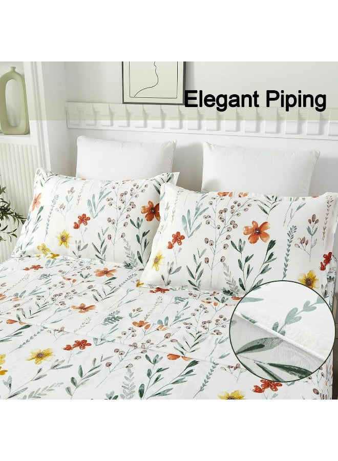 Helthep Floral Sheet Set Queen, 100% Cotton Green Leaves Printed Bed Sheets Floral Patterned Sheets Queen with 17.5" Deep Pocket, 4Pcs White Botanical Vintage Yellow Flower Sheet for Queen Size Bed - Image 4