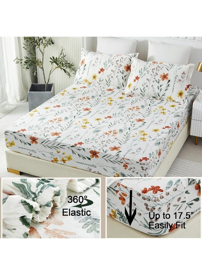 Helthep Floral Sheet Set Queen, 100% Cotton Green Leaves Printed Bed Sheets Floral Patterned Sheets Queen with 17.5" Deep Pocket, 4Pcs White Botanical Vintage Yellow Flower Sheet for Queen Size Bed - Image 3