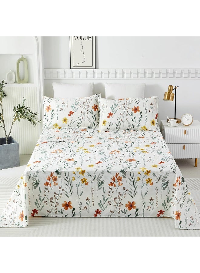 Helthep Floral Sheet Set Queen, 100% Cotton Green Leaves Printed Bed Sheets Floral Patterned Sheets Queen with 17.5" Deep Pocket, 4Pcs White Botanical Vintage Yellow Flower Sheet for Queen Size Bed - Image 2