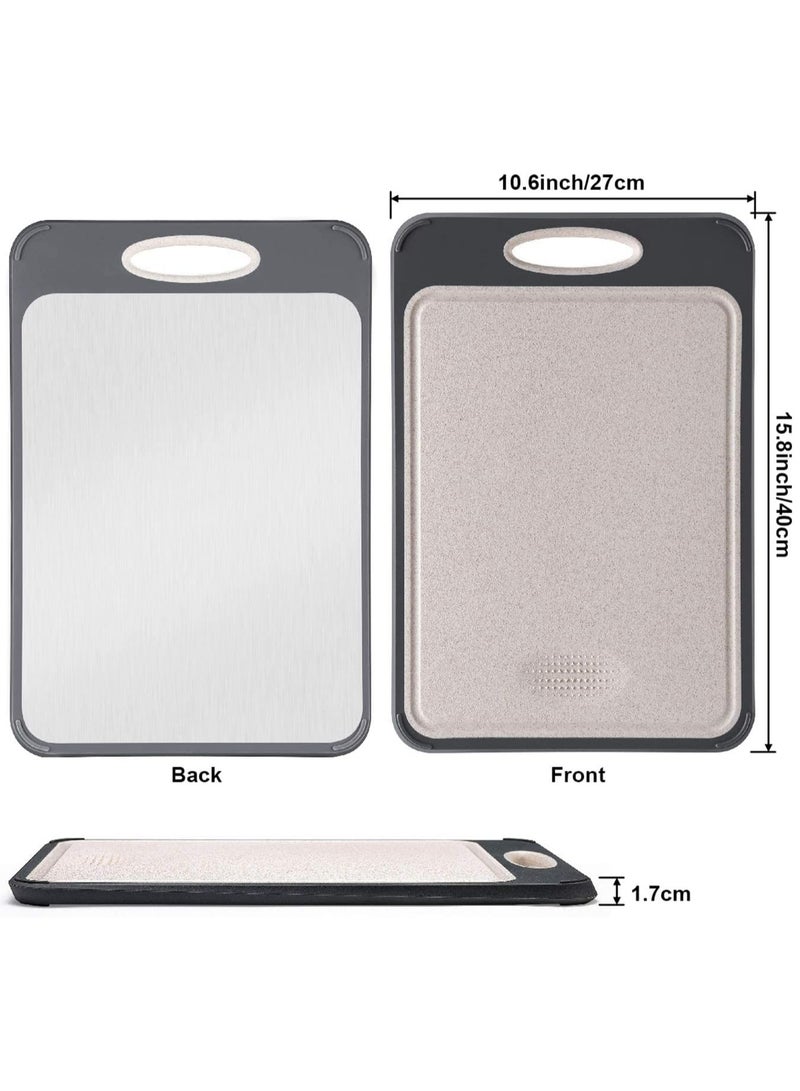 Eworld Double-sided Cutting Board with Easy-Grip Handles, Non-Slip Support, Wheat Straw PP & Stainless Steel Chopping Surface for Meat, Vegetables, Fish, and Fruit, Easy to Clean, Grey, 15.8 x 10.6 x 0.6 Inches - Image 2