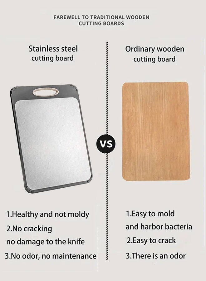 Eworld Double-sided Cutting Board with Easy-Grip Handles, Non-Slip Support, Wheat Straw PP & Stainless Steel Chopping Surface for Meat, Vegetables, Fish, and Fruit, Easy to Clean, Grey, 15.8 x 10.6 x 0.6 Inches - Image 3