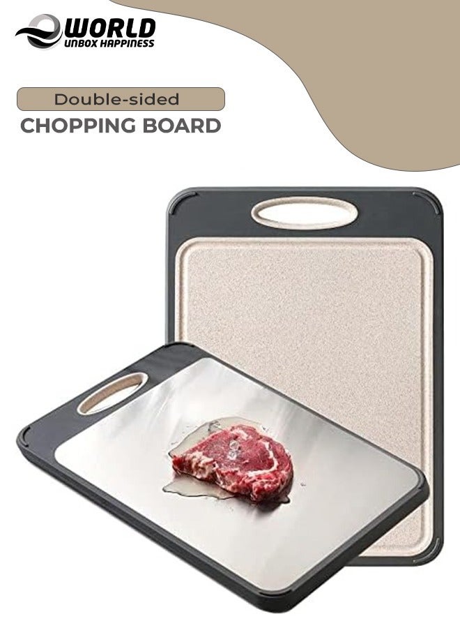 Eworld Double-sided Cutting Board with Easy-Grip Handles, Non-Slip Support, Wheat Straw PP & Stainless Steel Chopping Surface for Meat, Vegetables, Fish, and Fruit, Easy to Clean, Grey, 15.8 x 10.6 x 0.6 Inches - Image 1