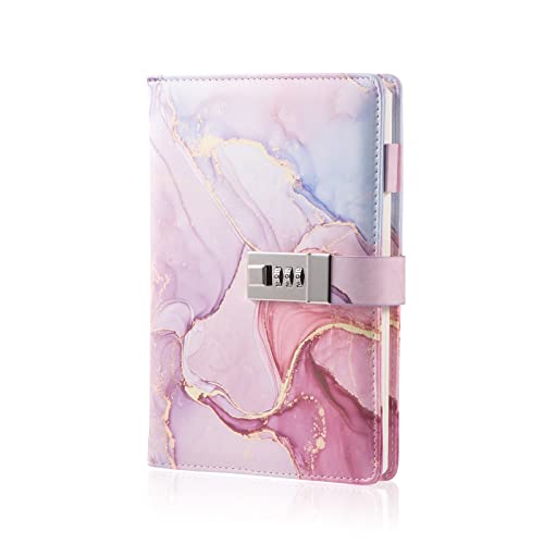 LMTNNB Marble Diary with Lock for Girls and Women, A5 Leather Locked Journal for Teen Girls, Secret Cute Password Lock Notebooks with Pen Holder for Travel Diary Office Notepad - Image 1