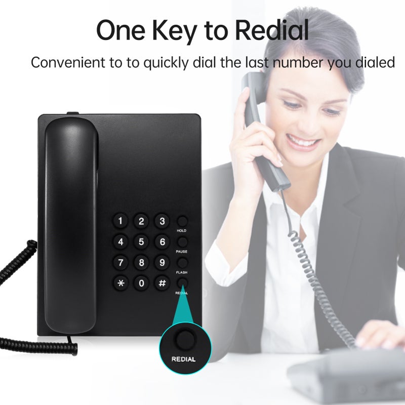 Landline Phone: Black ABS Material, Desktop & Wall Mountable - Convenient Redial & Pause Functions, No Power Or Battery Needed for Home Office Hotel Restaurant - Image 2