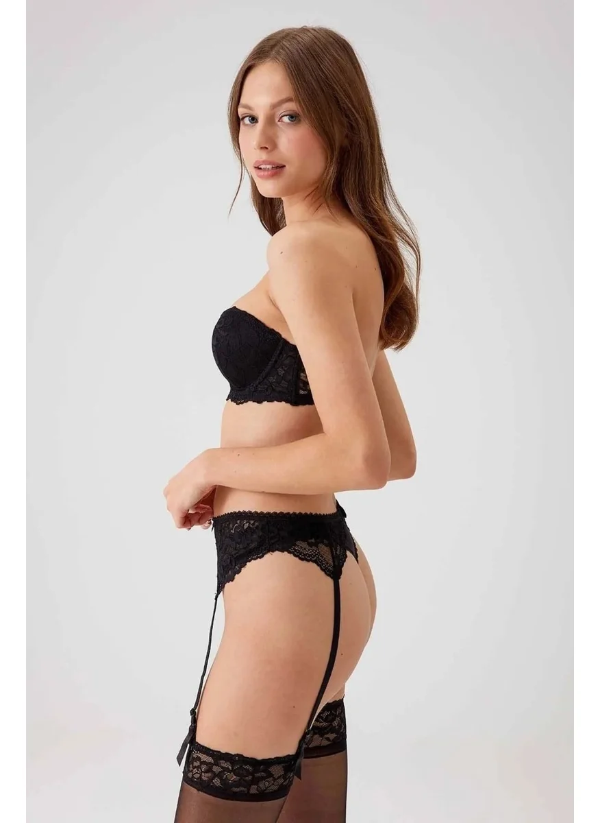 بيير كاردان 4793 Siena Underwire Non-Supported Lace Stockings Garter Bra Set-Black