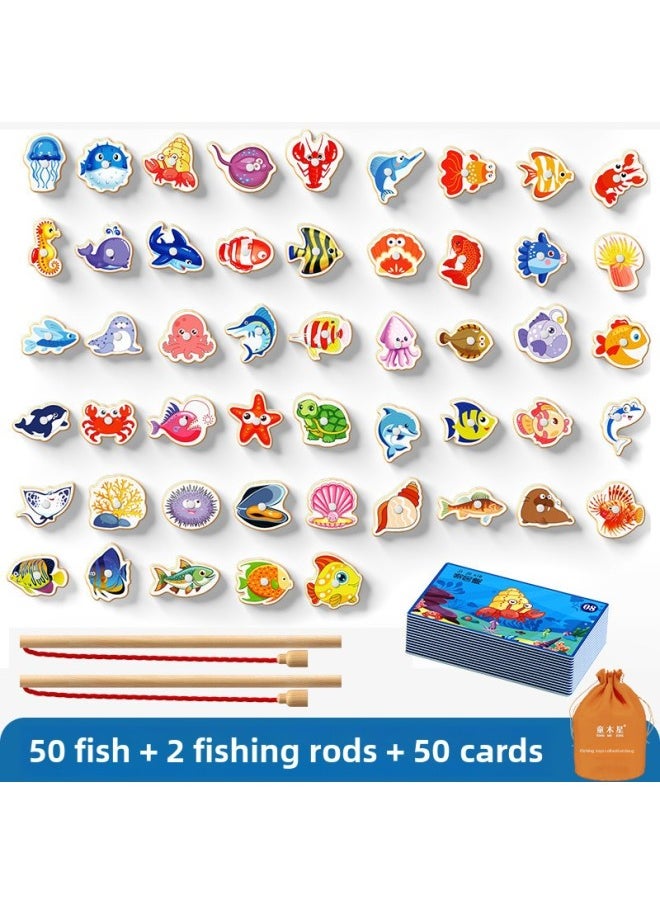 [900 People Spelling List In One Week] Children's Fishing Toys 1 To 3 Years Old Puzzle One And A Half Years Old Children Develop Brain-Colour:[bag] 50 Fish + 50 Cognitive Cards + 2 Fishing Rods-Specification:Wooden + Magnetic + No Burrs  - Image 1