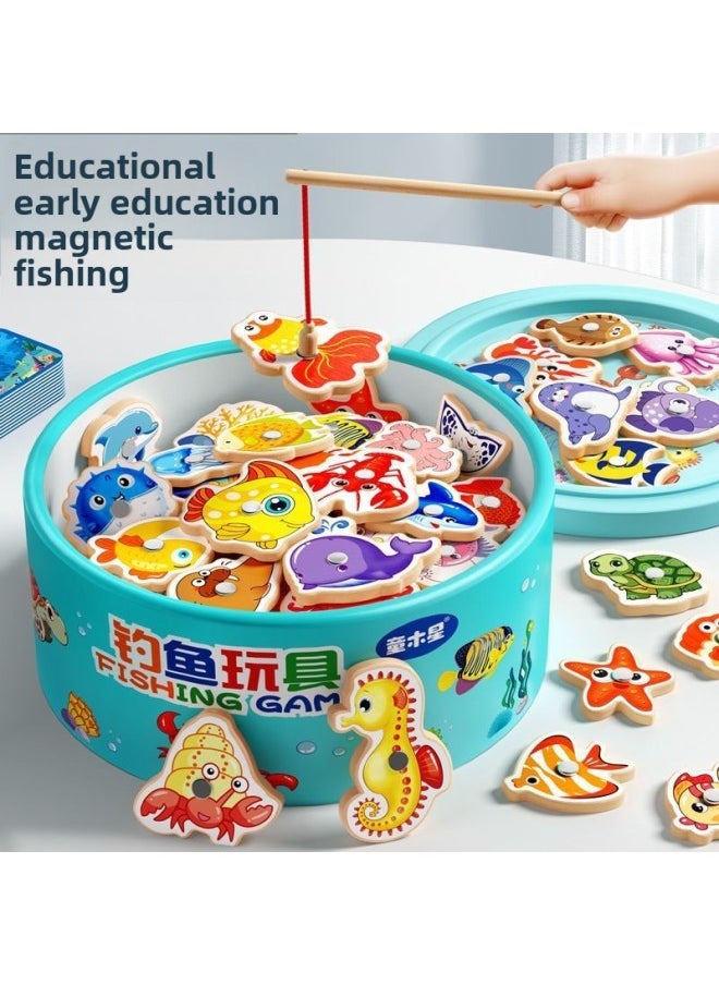 [900 People Spelling List In One Week] Children's Fishing Toys 1 To 3 Years Old Puzzle One And A Half Years Old Children Develop Brain-Colour:[bag] 50 Fish + 50 Cognitive Cards + 2 Fishing Rods-Specification:Wooden + Magnetic + No Burrs  - Image 2