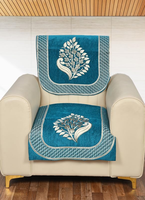 SAWNA HOMES Velvet Chenille Floral Design 1 Seater Sofa Cover with Seat and Back Covers | Anti-Slip Washable Sofa Protector Slipcovers for Living Room, Guest Room, Office, Home Décor (Sky Blue-2 PCS) - Image 1