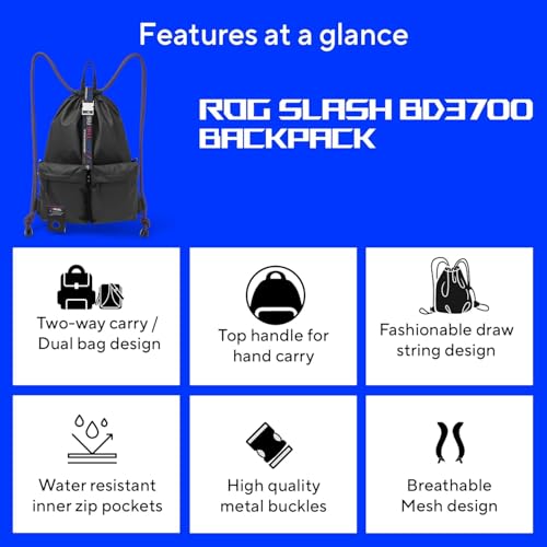 ASUS ROG Slash BD3700 Multi-use Drawstring Bag with Zinc Alloy Buckle, ROG Slash Pattern Strap, Water-Resistant Inner Zip Pocket, Versatile Carrying Options, Suitable for up to 15.6-inch Laptop - Image 2