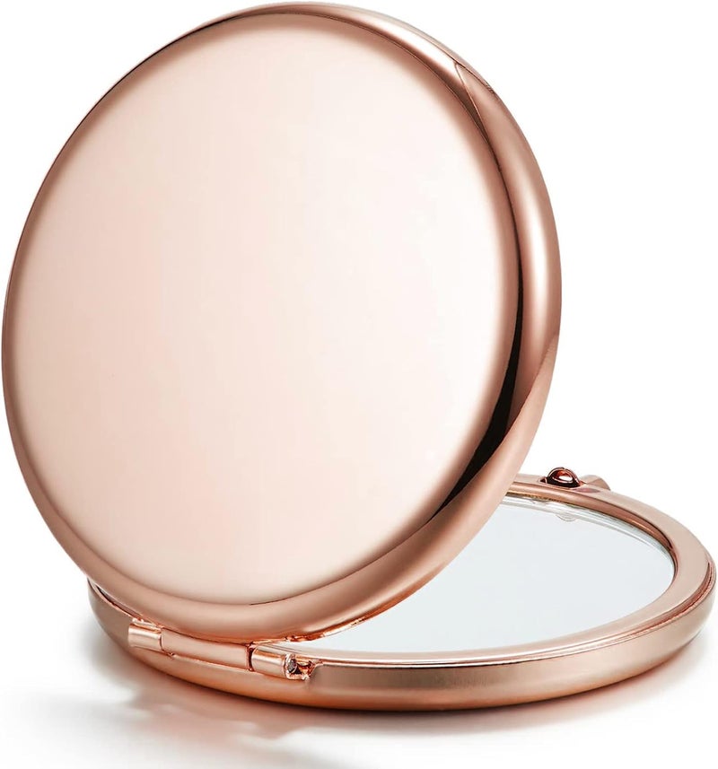 Getinbulk Compact Mirror for Purse, Double-Sided 1X/2X Magnifying Metal Pocket Makeup Mirrors(Round, Rose Gold)