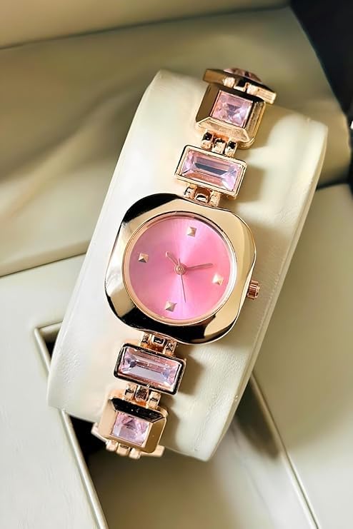 SWADESI STUFF Women’s Luxury Analog Watch – Round Dial in Square Case – Stone Studded Bracelet Strap Quartz Wrist Watch for Girls, Ladies & Miss (Pink) - Image 4