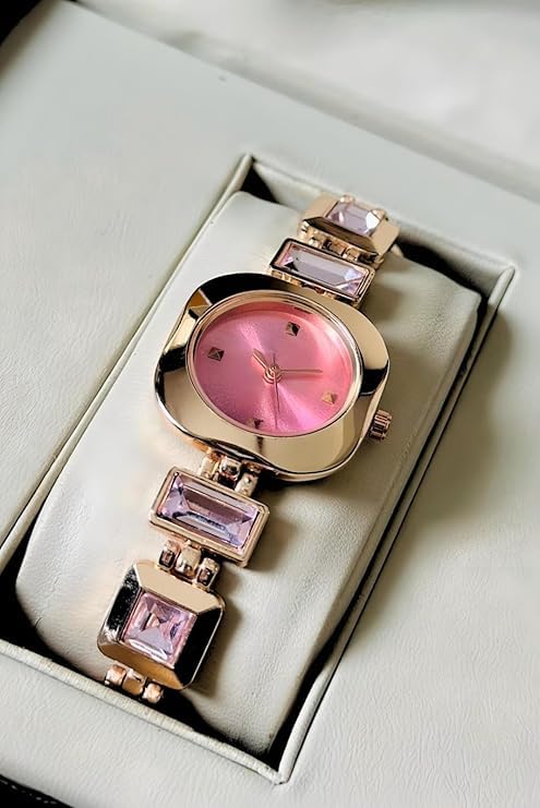 SWADESI STUFF Women’s Luxury Analog Watch – Round Dial in Square Case – Stone Studded Bracelet Strap Quartz Wrist Watch for Girls, Ladies & Miss (Pink) - Image 5