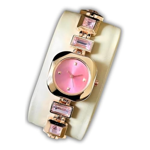 SWADESI STUFF Women’s Luxury Analog Watch – Round Dial in Square Case – Stone Studded Bracelet Strap Quartz Wrist Watch for Girls, Ladies & Miss (Pink) - Image 1