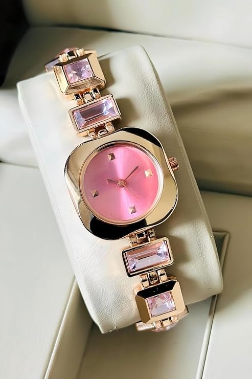 SWADESI STUFF Women’s Luxury Analog Watch – Round Dial in Square Case – Stone Studded Bracelet Strap Quartz Wrist Watch for Girls, Ladies & Miss (Pink) - Image 2