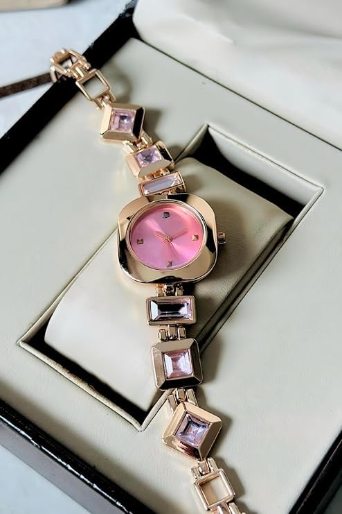 SWADESI STUFF Women’s Luxury Analog Watch – Round Dial in Square Case – Stone Studded Bracelet Strap Quartz Wrist Watch for Girls, Ladies & Miss (Pink) - Image 3