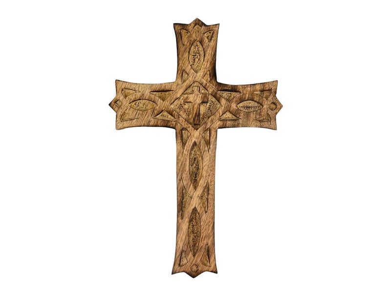 S.B.ARTS Wooden Cross 10 Inches Handmade Catholic Crucifix Wood Wall Cross Christians Spiritual Hanging Ornament Church Wall Decor For Home Office Living Room Long Hand Carved Ideal Christmas Gift for Women - Image 1