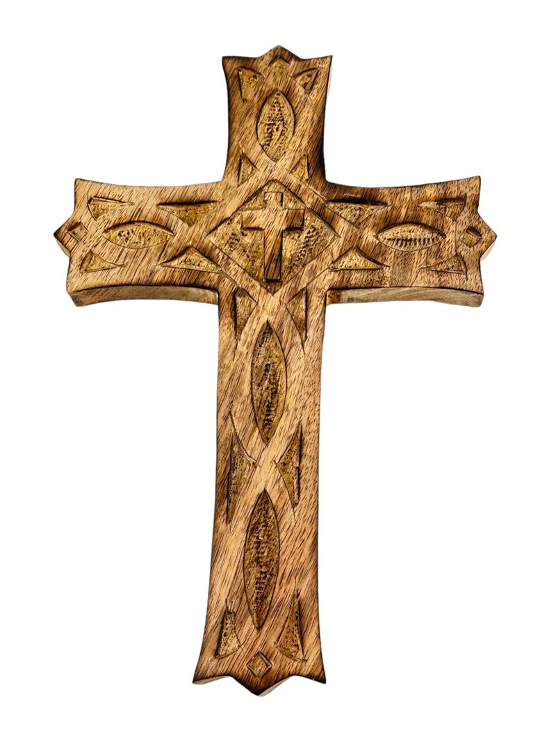 S.B.ARTS Wooden Cross 10 Inches Handmade Catholic Crucifix Wood Wall Cross Christians Spiritual Hanging Ornament Church Wall Decor For Home Office Living Room Long Hand Carved Ideal Christmas Gift for Women - Image 2