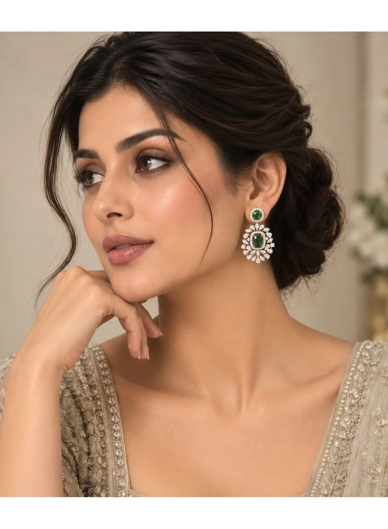 Lehar Emerald Green Cushion Cut Cluster Earrings - Gold-Tone Wedding & Evening Fashion Jewelry