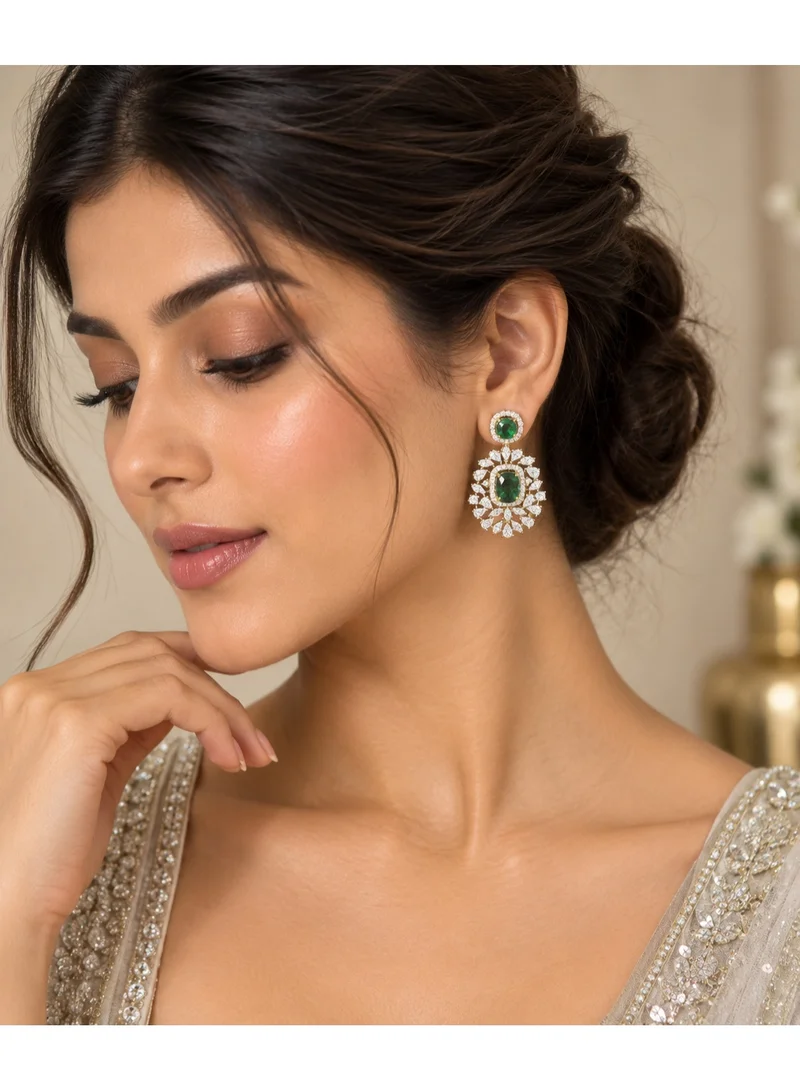 Lehar Emerald Green Cushion Cut Cluster Earrings - Gold-Tone Wedding & Evening Fashion Jewelry