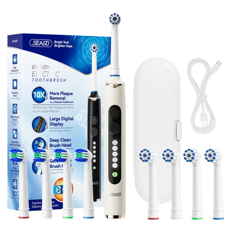 سيجو فرشاة أسنان كهربائية Seago Rotating Electric Toothbrush for Adults with 8 Heads and Travel Box Smart Display 5 Modes Waterproof SG-2607 - Image 1