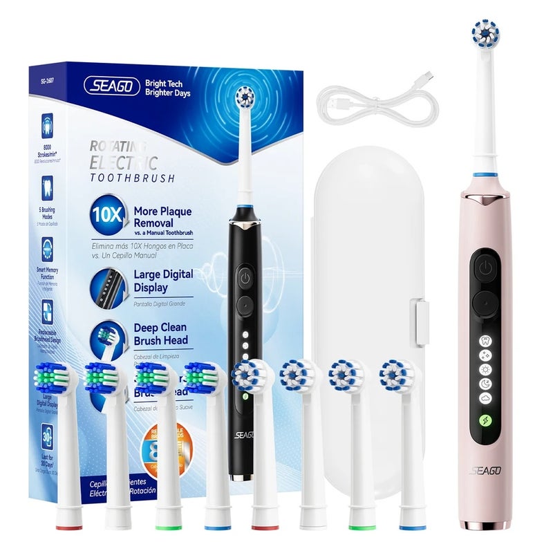 سيجو فرشاة أسنان كهربائية Seago Rotating Electric Toothbrush for Adults with 8 Heads and Travel Box Smart Display 5 Modes Waterproof SG-2607 - Image 2