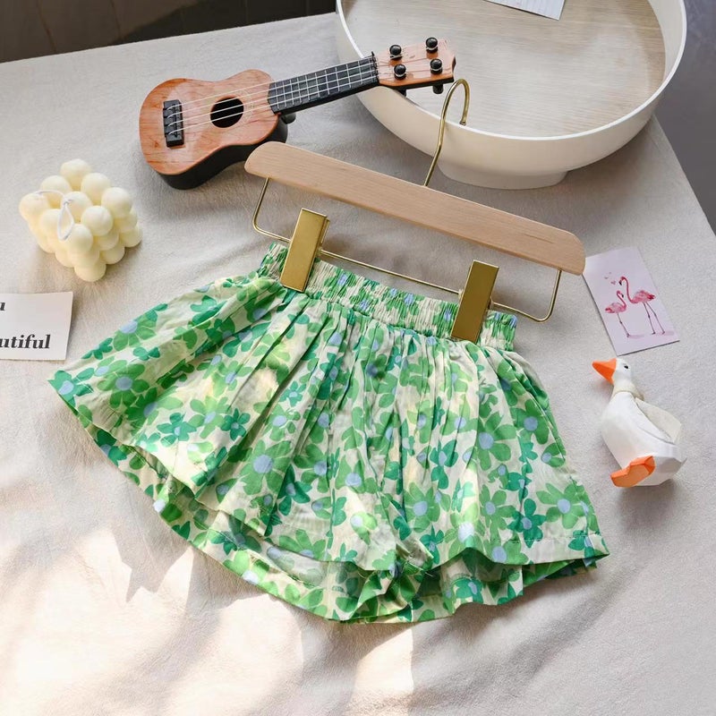 Floral Girls Skort 2023 Summer New Korean Fashion Sweet Kids Shorts Green Flowers 003 