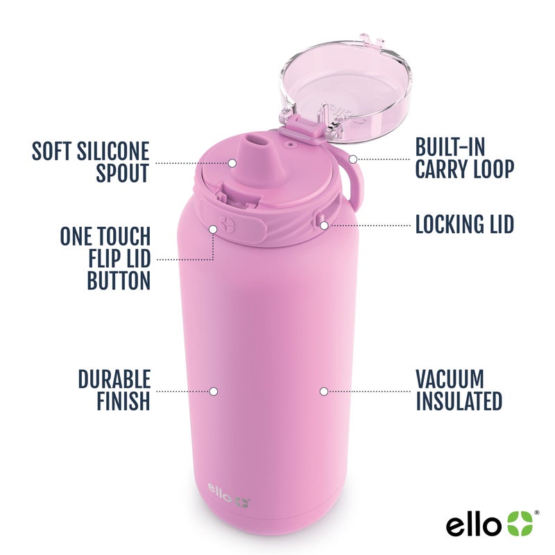 Ello Cooper 40oz Stainless Steel Water Bottle with Straw and Carry Handle, Double Walled and Vacuum Insulated Metal, Leak Proof Locking Lid with Soft Silicone Spout, Reusable, BPA Free, Bubblegum - Image 3