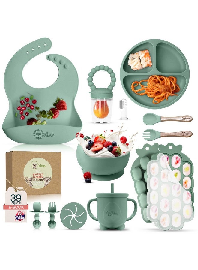 O'doe Baby Weaning Set - 15 Pcs Silicone Baby Feeding Set with Suction Plate, Bowl, Bib, Sippy Cup, Fruit Feeder, Freezer Tray - Image 1