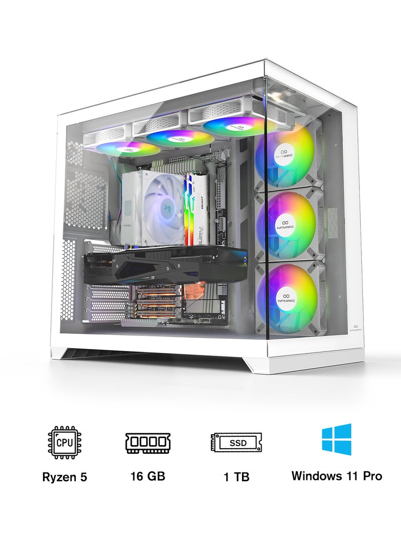انفني ارك حاسوب ألعاب INFINIARC RTX 5060 المكتبي (هيكل مكعب، لوحة أم B650، بطاقة رسومات RTX 5060 سعة 8 جيجابايت، معالج AMD Ryzen 5، ذاكرة RAM سعة 16 جيجابايت DDR5، SSD سعة 1 تيرابايت M.2، مبرد هواء ARGB رقمي، مزود طاقة 650 واط، ويندوز برو) أبيض - Image 1