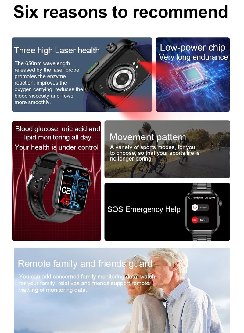 AROAQ F220 HealthWear Bluetooth Call Blood Sugar Body Temperature Urea Blood Lipids Family and Friends Care SOS Smart Watch - Image 3