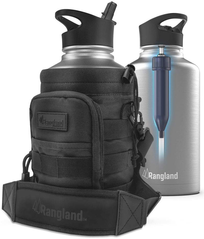 RANGLAND Filtered Half Gallon Water Bottle with Straw Lid Large Insulated Bottle with Filter System Includes Carrier Bag with Padded Shoulder Strap 64oz Stainless Steel