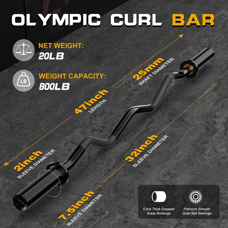 LAVVON Olympic EZ Curl Barbell Bar 47", Mute Bearings - 2" Curl Bar for Weight Lifting, Hip Thrusts,Biceps,Squat-Home Gym Weight Bar-Chrome Curling Strength Training, 2Pcs Collars(800lbs Weight Capacity) (Black) - Image 4