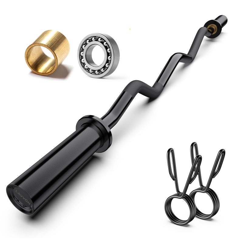 LAVVON Olympic EZ Curl Barbell Bar 47", Mute Bearings - 2" Curl Bar for Weight Lifting, Hip Thrusts,Biceps,Squat-Home Gym Weight Bar-Chrome Curling Strength Training, 2Pcs Collars(800lbs Weight Capacity) (Black) - Image 1