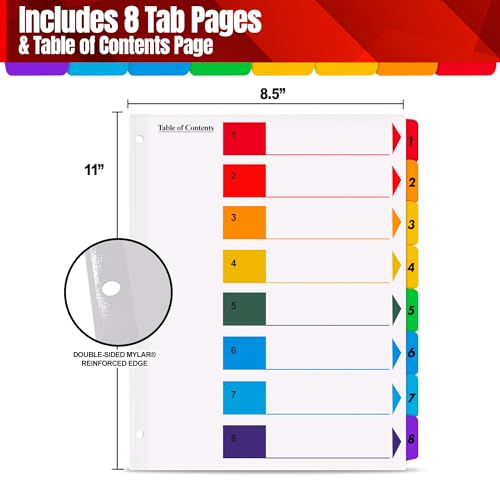 Manaloom Tab Dividers for 3 Ring Binders – 6 Sets, 1–8 Numbered Index Dividers with Table of Contents – 8.5 x 11 in, 3-Hole Punched – Binder Dividers for School, Office, Filing, Organizing - 6 Pack - Image 2