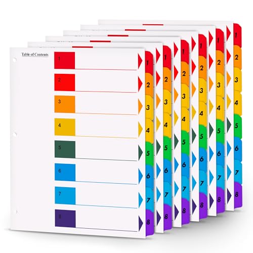 Manaloom Tab Dividers for 3 Ring Binders – 6 Sets, 1–8 Numbered Index Dividers with Table of Contents – 8.5 x 11 in, 3-Hole Punched – Binder Dividers for School, Office, Filing, Organizing - 6 Pack - Image 1