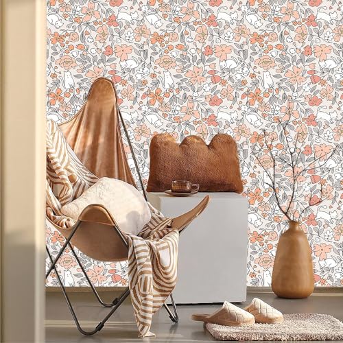 MuralPeel Cute Pink Orange Wildflowers Cat White Peel and Stick Wallpaper Self Adhesive Removable Easy Peel Off Contact Paper Stick on Wall Paper for Bedroom Cabinet Renter Friendly - Image 3