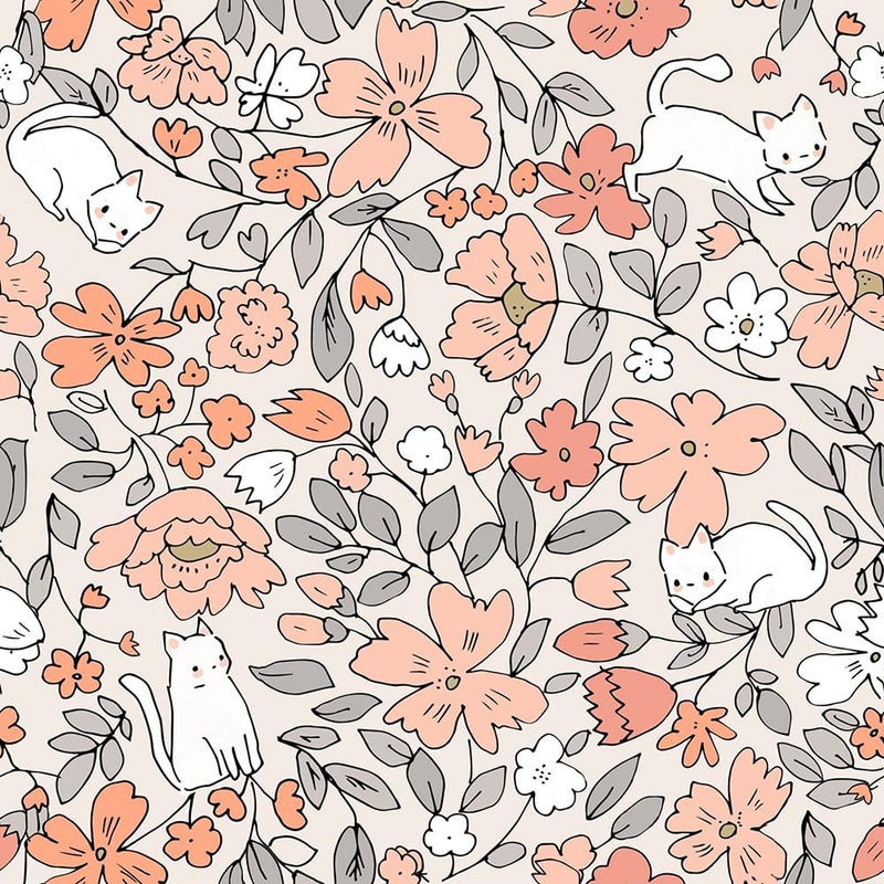 MuralPeel Cute Pink Orange Wildflowers Cat White Peel and Stick Wallpaper Self Adhesive Removable Easy Peel Off Contact Paper Stick on Wall Paper for Bedroom Cabinet Renter Friendly - Image 2