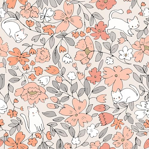 MuralPeel Cute Pink Orange Wildflowers Cat White Peel and Stick Wallpaper Self Adhesive Removable Easy Peel Off Contact Paper Stick on Wall Paper for Bedroom Cabinet Renter Friendly - Image 1