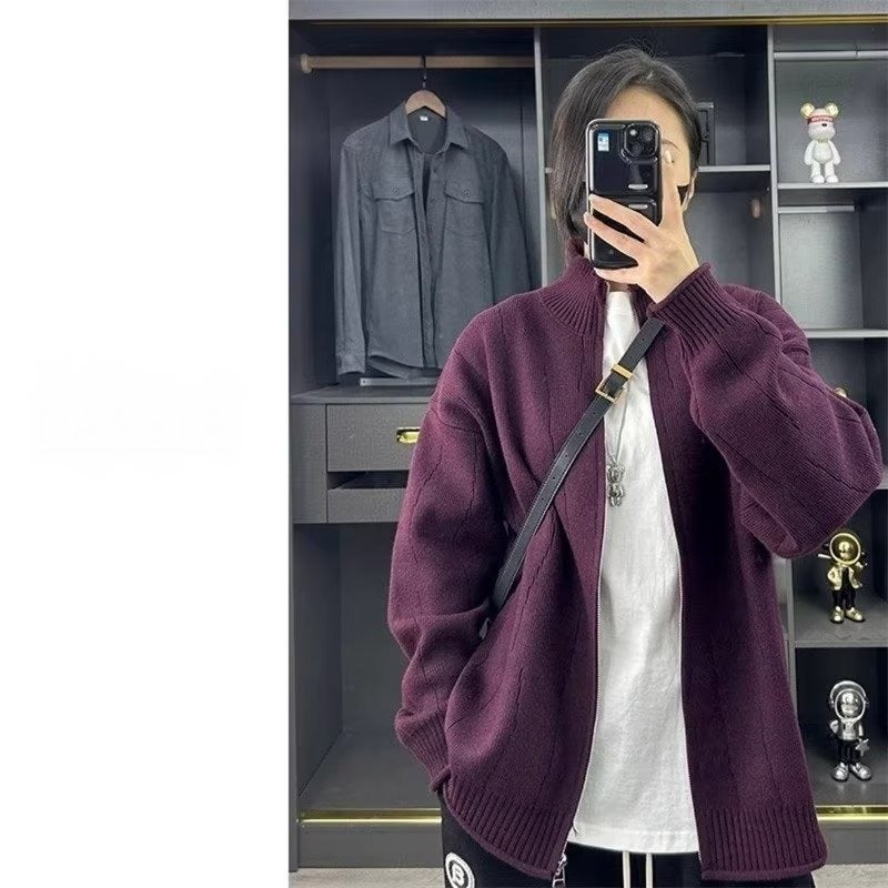 Autumn Style Collar Loose Fashionable All-Match Casual Sweater Solid Color Knitted Zipper Cardigan Jacket For Men And Women - Image 2