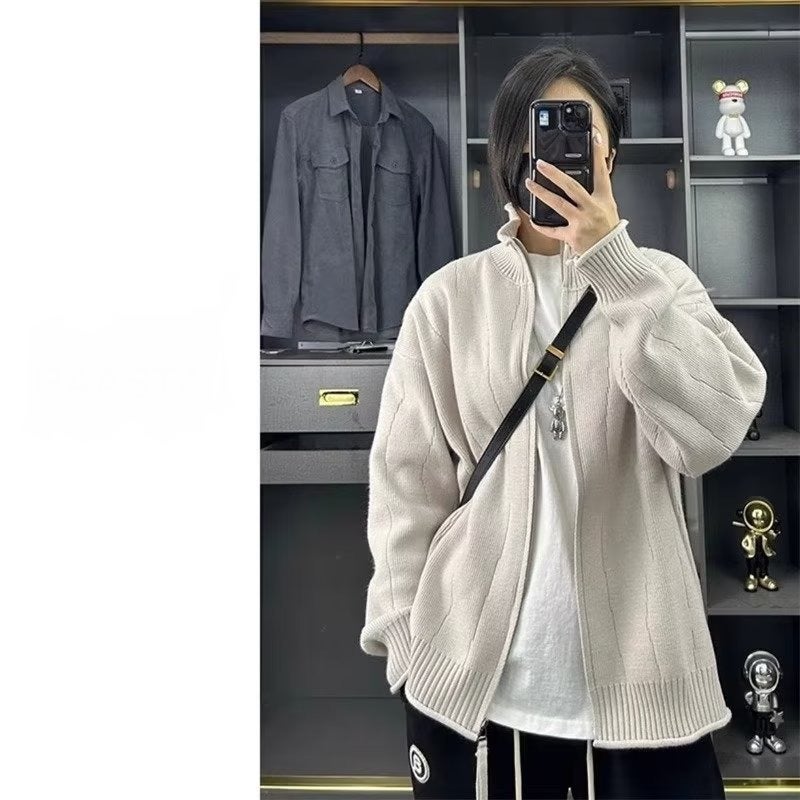 Autumn Style Collar Loose Fashionable All-Match Casual Sweater Solid Color Knitted Zipper Cardigan Jacket For Men And Women - Image 1