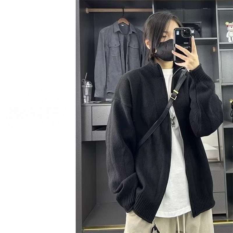 Autumn Style Collar Loose Fashionable All-Match Casual Sweater Solid Color Knitted Zipper Cardigan Jacket For Men And Women - Image 3