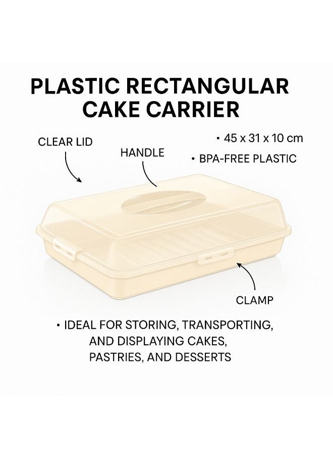 Large Rectangular Cake Carrier with Locking Lid 45 x 31 x 10 cm – Portable Cake Container for Travel, Storage & Transport – Cupcake & Cake Holder Box with Handle – BPA-Free Bakery Organizer (Beige)