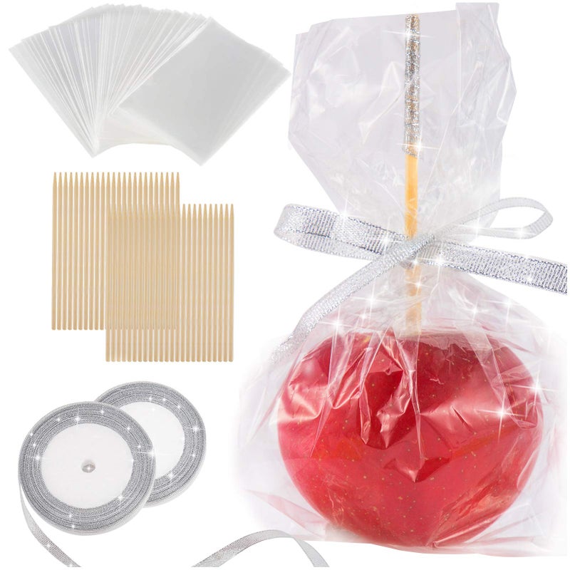 ANPHSIN Candy Apple Sticks Bags  Halloween DIY Caramel Apple Kits 2 Rolls of Glitter Ribbon Large Lollipop Kits for Trick or Treat Gifts Birthday Party Homemade Fruit Cookie Wrapping Silver 96 Pcs