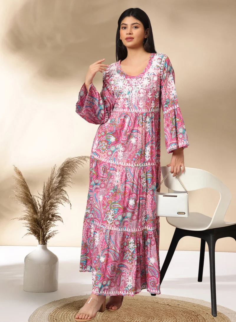 Alaya Hand Embroidered Chikankari A-Line Gathering Pattern Mulmul Cotton Jalabiya-AL3673